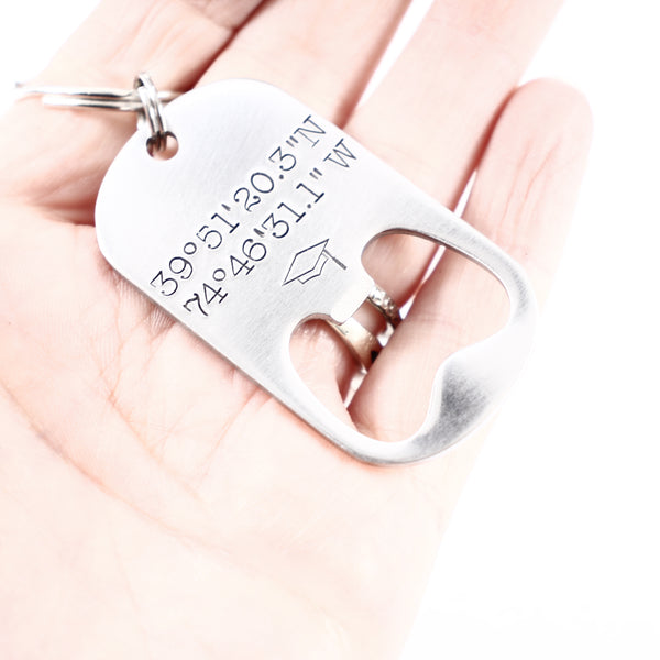 GPS Graduation Cap Bottle Opener Keychain