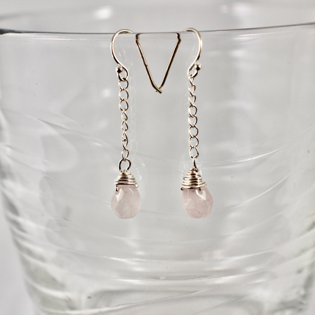 Sterling silver and Rose Quartz Dangle Earrings - Completely Hammered