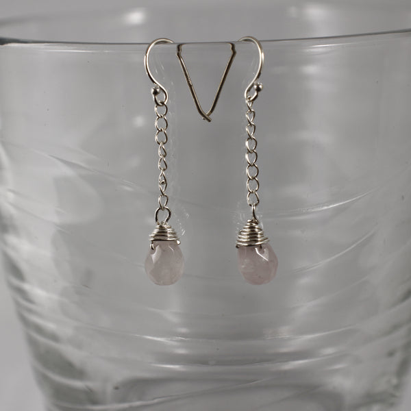 Sterling silver and Rose Quartz Dangle Earrings - Completely Hammered