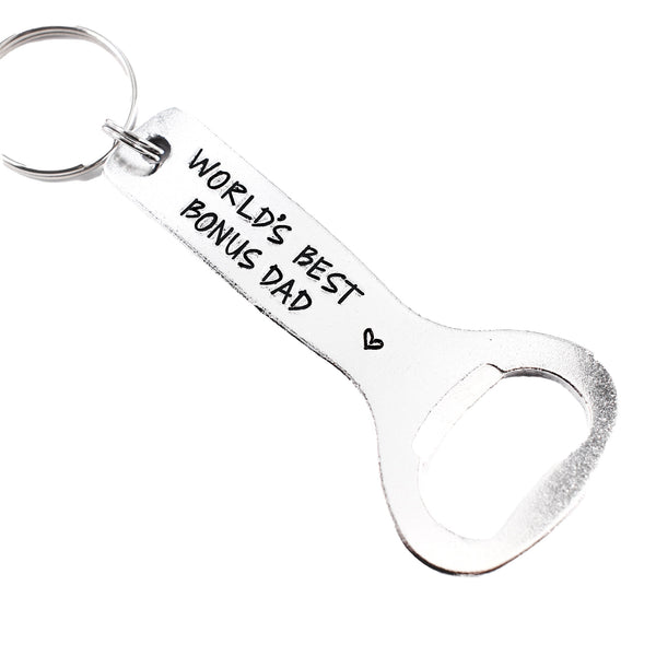 "World's Best Bonus Dad" Bottle Opener Keychain #SIL