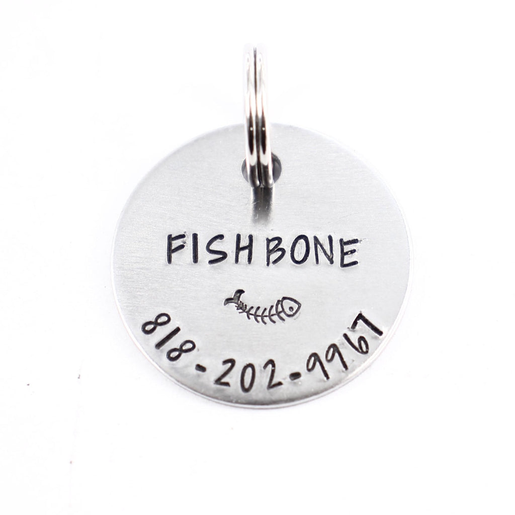 1 inch Personalized Cat ID Tag / Cat tag - one side - Name, phone & fish bone stamp only