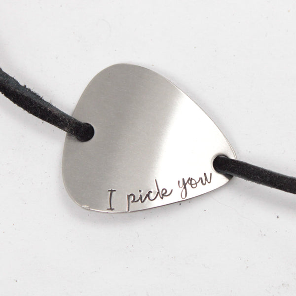 "I pick you" Hand stamped Guitar Pick Wrap Pick Bracelet - READY TO SHIP