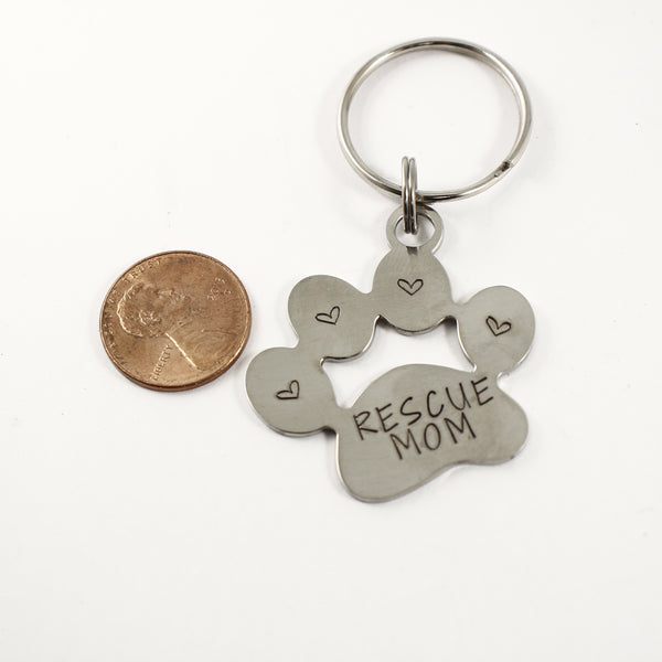 "Rescue Mom" Stainless Steel keychain - Discounted and ready to ship - Completely Hammered