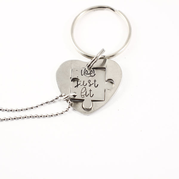 "We just fit" Interlocking Puzzle piece necklace and keychain set (2 pieces) - Discounted and Ready to Ship - Completely Hammered