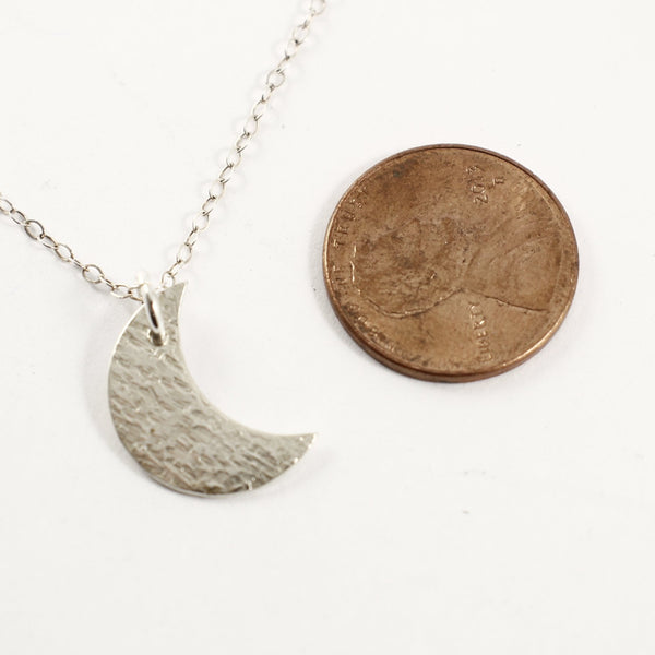 Sterling Silver Moon Charm Necklace - Completely Hammered