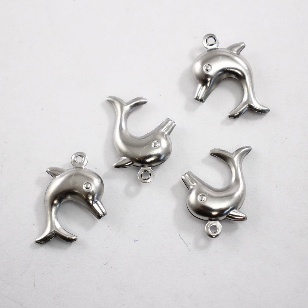 Stainless Steel, Double-Sided Dolphin Charm SET OF 4 - Supply Destash - Completely Hammered