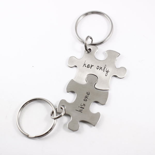 "His One" "Her Only" Interlocking Puzzle piece keychain set (2 pieces) - Completely Hammered