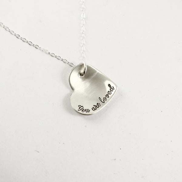 "You are loved" Sterling Silver Heart Charm Necklace - Necklaces - Completely Hammered - Completely Wired