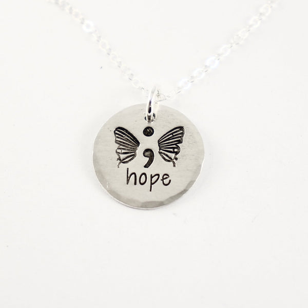 "Hope" Hand Stamped Semi Colon Butterfly Necklace - Sterling Silver - Completely Hammered