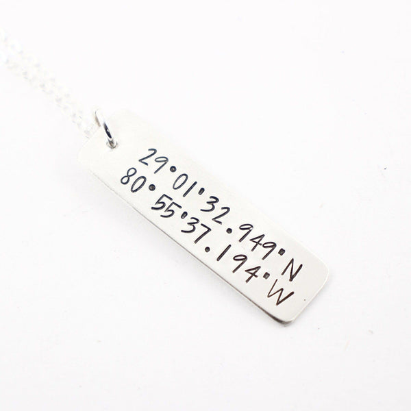 Custom GPS Coordinate Charm / Pendant with Chain - Completely Hammered