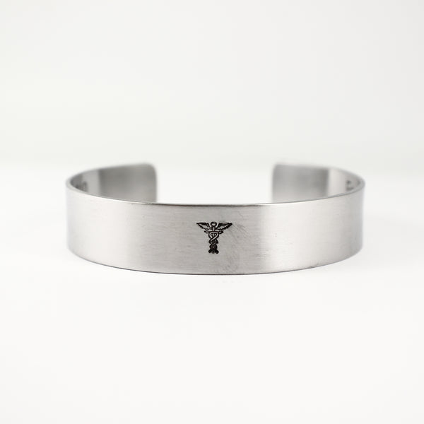 Custom Medical Alert Cuff Bracelet - 1/2" Wide Pure Aluminum or Stainless Steel - Completely Hammered