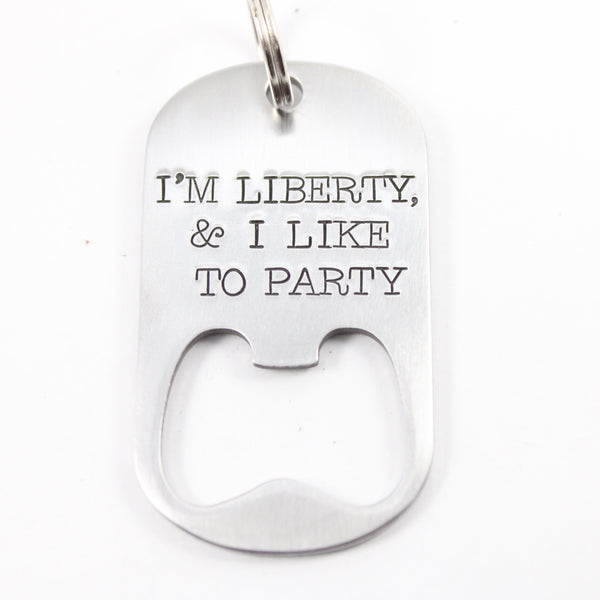 "I Like to Party" Bottle Opener Dog Tag - Typewriter Font