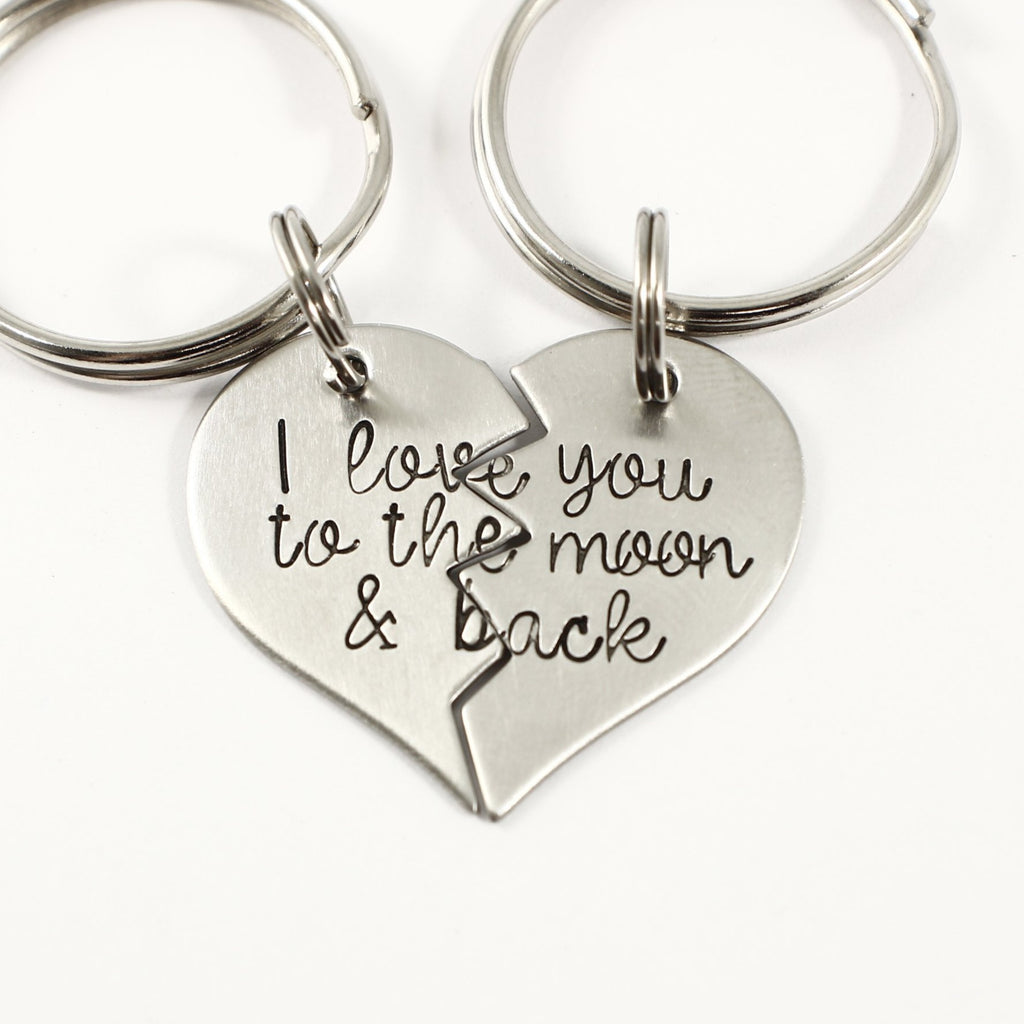 "I love you to the moon and back" - Stainless Steel broken heart set - Completely Hammered