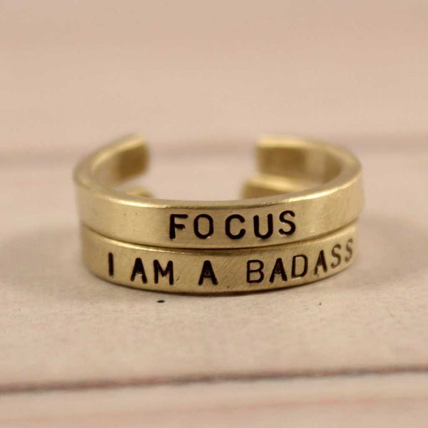 "I AM A BADASS" Skinny Adjustable Ring - Available in Brass & Copper - Ring - Completely Hammered - Completely Wired