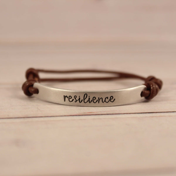 Custom Hand Stamped Bracelet with Leather Band - Bracelet - Completely Hammered - Completely Wired