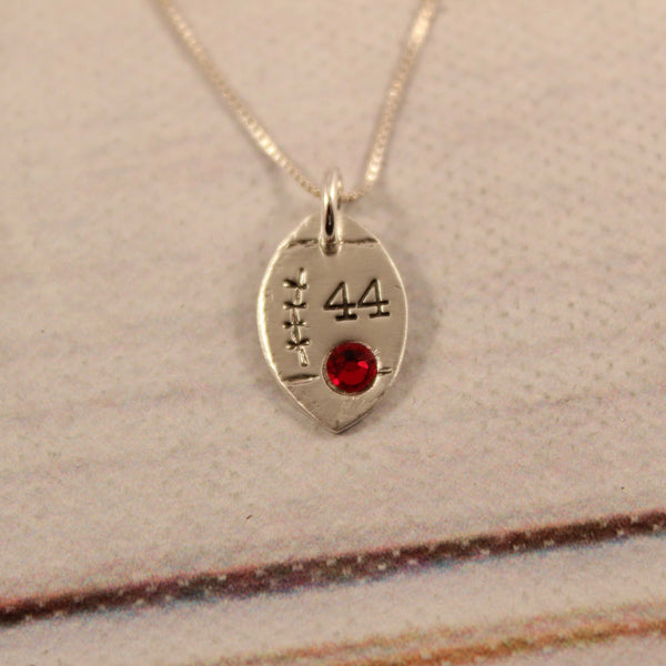 Football with Number and Crystal Sterling Silver Charm Necklace - Necklaces - Completely Hammered - Completely Wired