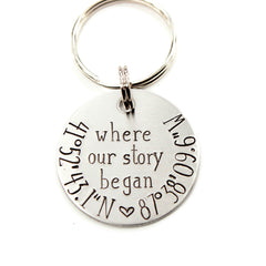 "Where our story began" Coordinate Keychain Stainless Steel GPS keychain.