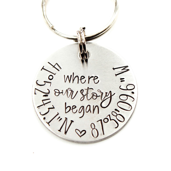 "Where our story began" Coordinate Keychain Stainless Steel GPS keychain.