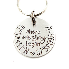 "Where our story began" Coordinate Keychain Stainless Steel GPS keychain.