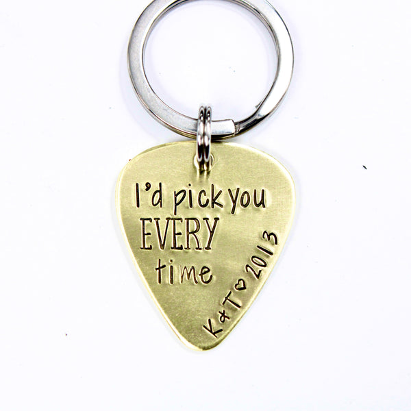 "I'd pick you every time" Hand stamped Guitar Pick, Keychain or Wrap Bracelet