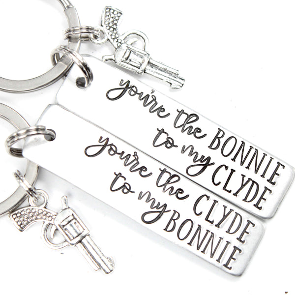"You're the Bonnie to my Clyde" &  "You're the Clyde to my Bonnie" Keychains Set (also available as single keychains)
