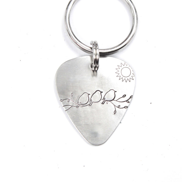 3 Little Birds Hand stamped Guitar Pick, Keychain or Wrap Bracelet