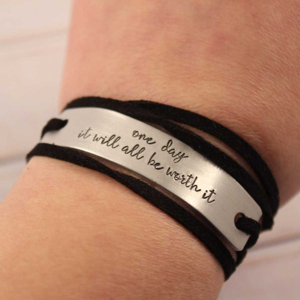Custom Hand Stamped Aluminum and Suede Leather Wrap Bracelet - Completely Hammered