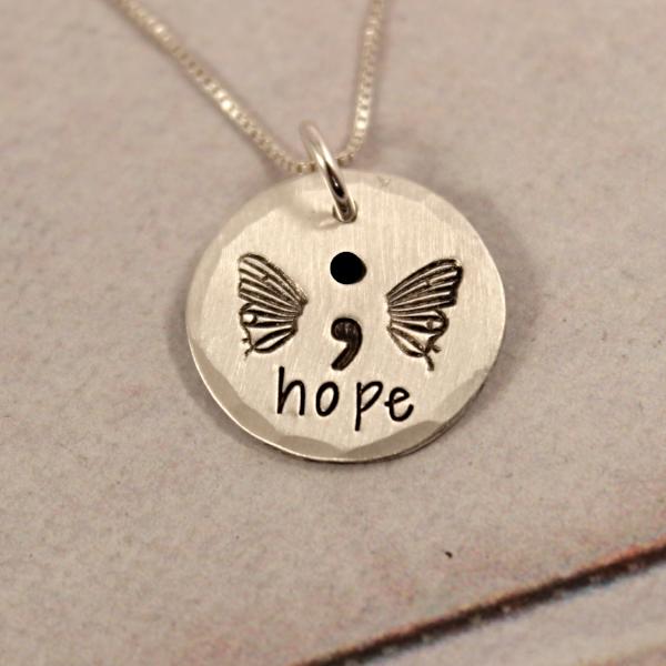 "Hope" Hand Stamped Semi Colon Butterfly Necklace - Sterling Silver - Completely Hammered