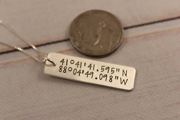 Custom GPS Coordinate Charm / Pendant with Chain - Completely Hammered