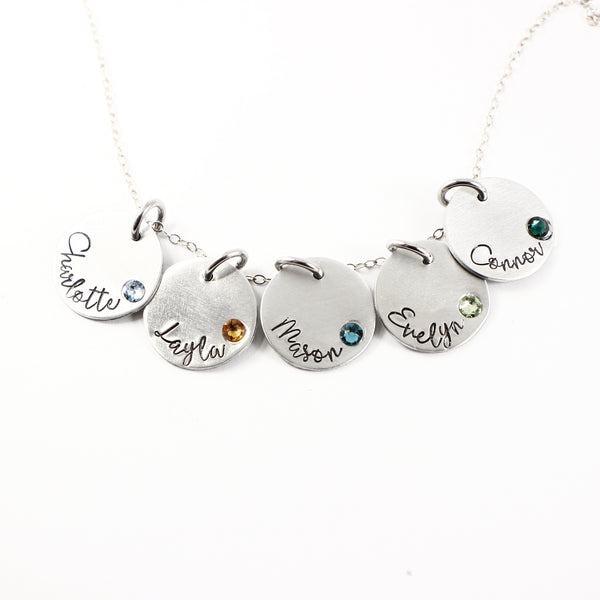 Name charm necklace / Mother necklace - your choice of 1-5 disks with birthstone crystal - Necklaces - Completely Hammered - Completely Wired