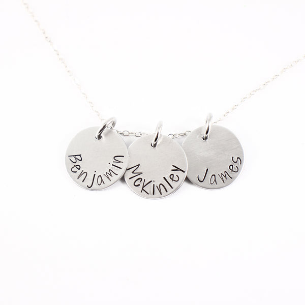 Name charm necklace / Mother necklace - your choice of 1-5 disks - Necklaces - Completely Hammered - Completely Wired