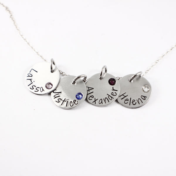 Name charm necklace / Mother necklace - your choice of 1-5 disks with birthstone crystal - Necklaces - Completely Hammered - Completely Wired