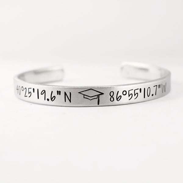 Graduation Custom Coordinate Bracelet - GPS Location - Coordinate Jewelry - Completely Hammered