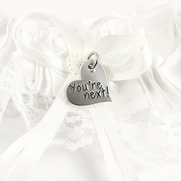 "You're Next" Garter / bouquet charm - Hand Stamped & personalized - Charm - Completely Hammered - Completely Wired