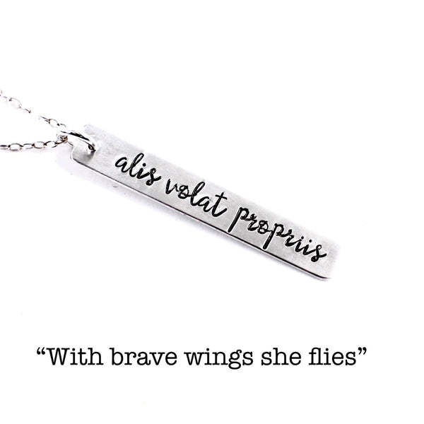 "Alis volat propriis" (She flies with her own wings) Necklace / Charm - Sterling Silver