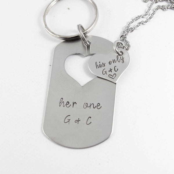 "Her One" & "His Only" dog tag with heart cut out & Heart set - Couples Sets - Completely Hammered - Completely Wired