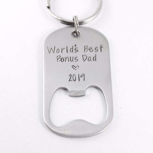 "World's Best Bonus Dad" Bottle Opener Keychain - Bottle Openers - Completely Hammered - Completely Wired