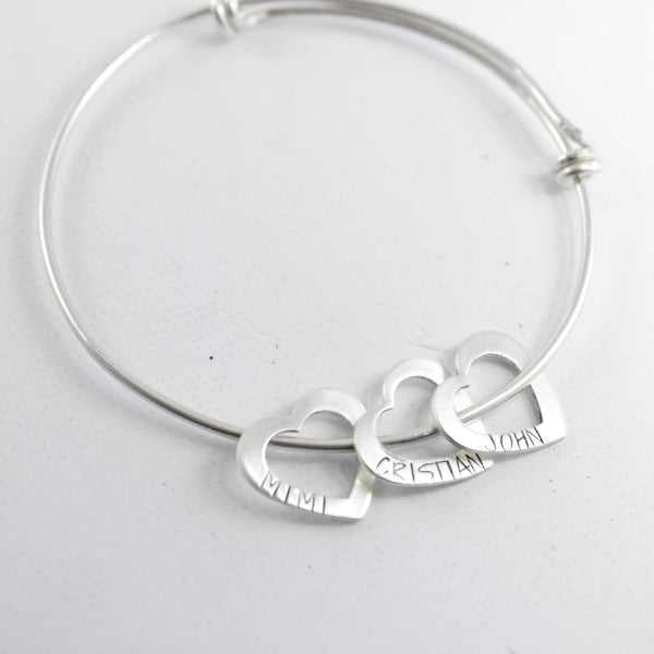 Heart Expandable Bangle Bracelet - Up to 4 hearts with names or dates - Bracelet - Completely Hammered - Completely Wired