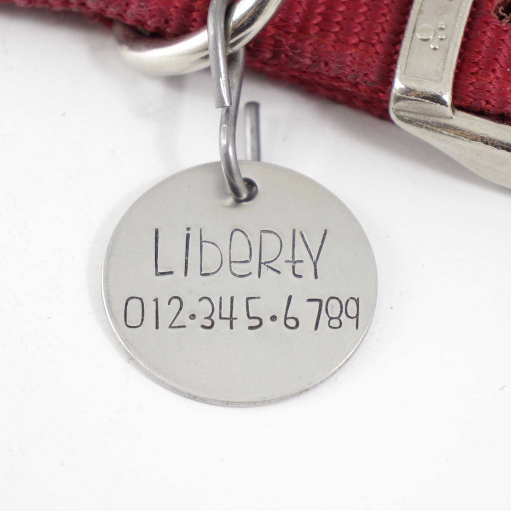1.25 inch Personalized Dog ID Tag / Dog tag - one side - Name & phone ONLY - Completely Hammered