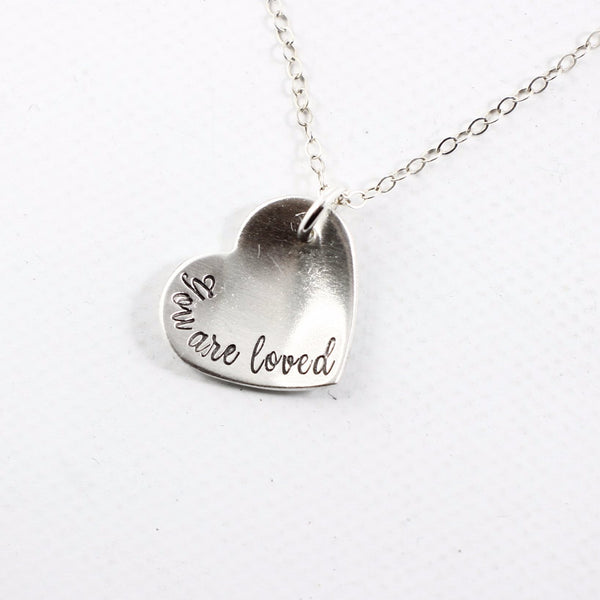 "You are loved" Sterling Silver Heart Charm Necklace - Necklaces - Completely Hammered - Completely Wired