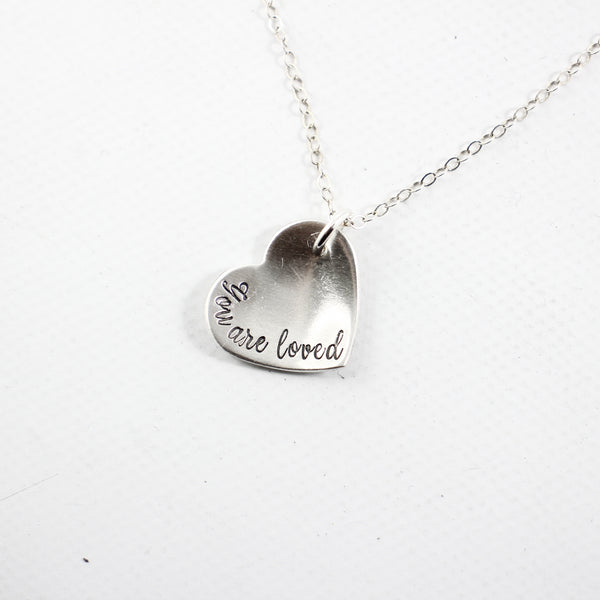"You are loved" Sterling Silver Heart Charm Necklace - Necklaces - Completely Hammered - Completely Wired