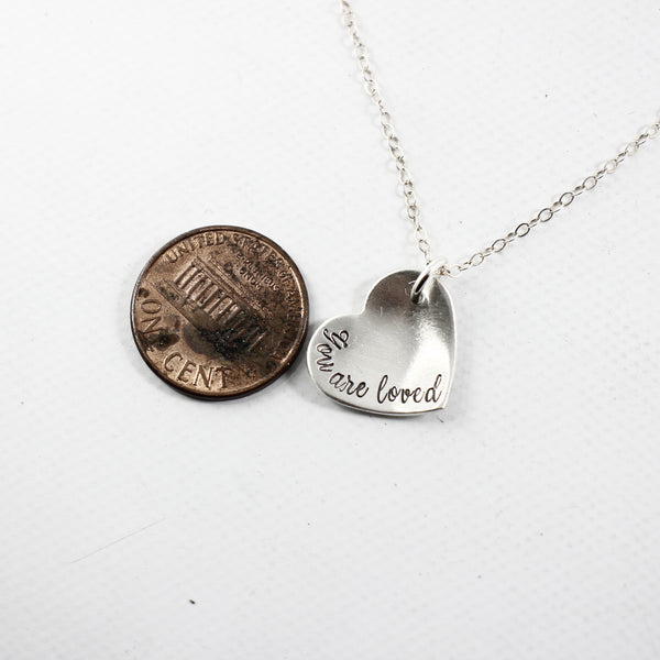 "You are loved" Sterling Silver Heart Charm Necklace - Necklaces - Completely Hammered - Completely Wired