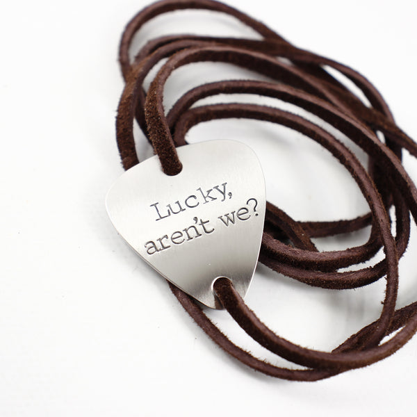 Custom, Hand stamped Guitar Pick leather wrap bracelet - Bracelet - Completely Hammered - Completely Wired