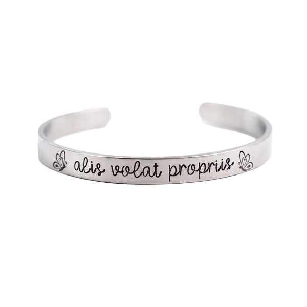 "Alis volat propriis" - She flies with her own wings Cuff Bracelet - Your choice of metals