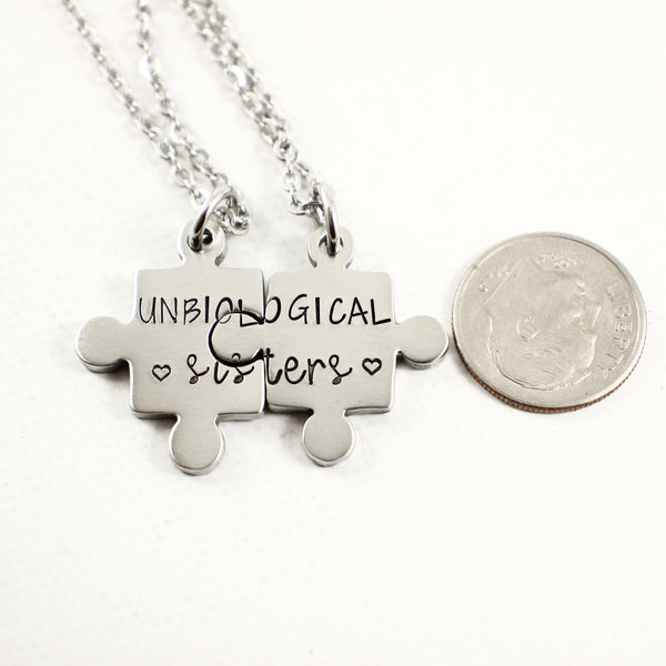 "Unbiological Sisters" - Stainless Steel Puzzle Piece Couples Set - Keychains - Completely Hammered - Completely Wired