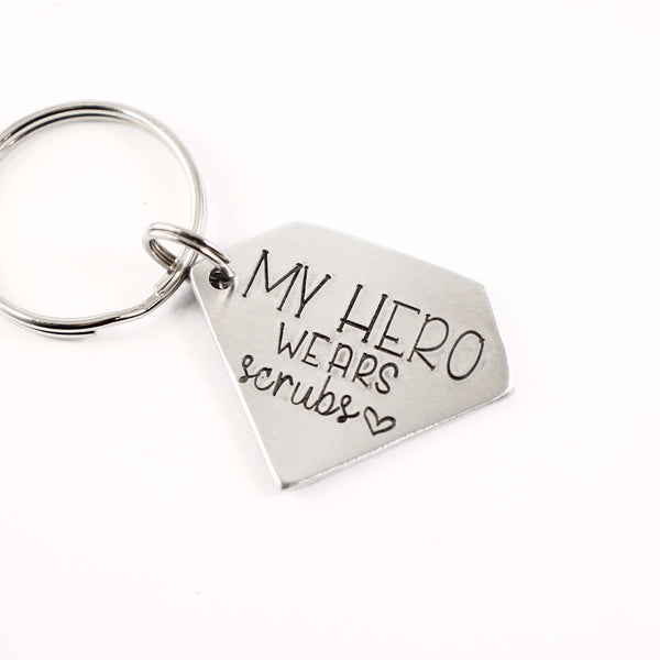 "My hero wears scrubs" - Hand Stamped Superhero Keychain - Keychains - Completely Hammered - Completely Wired