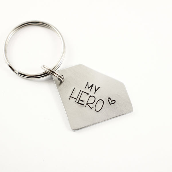 "My Hero" - Hand Stamped Superhero Keychain - Keychains - Completely Hammered - Completely Wired