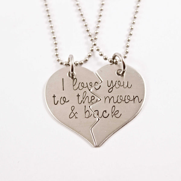 "I love you to the moon and back" - Stainless Steel broken heart set - Completely Hammered