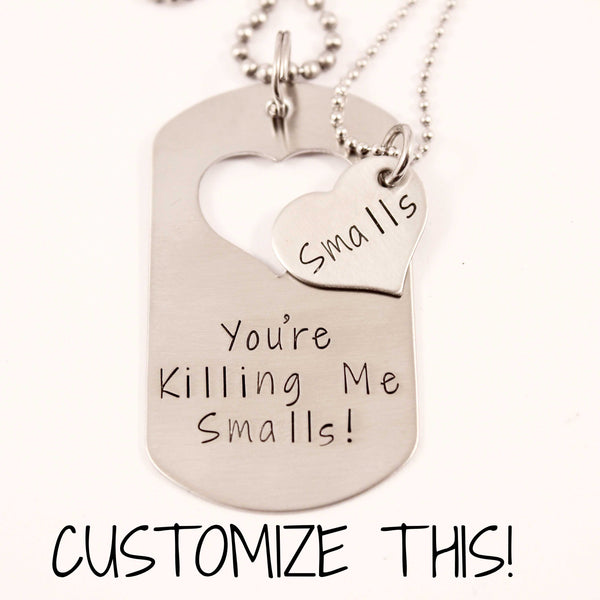 CUSTOM TEXT - Dog Tag with heart cut out & Heart set - Completely Hammered