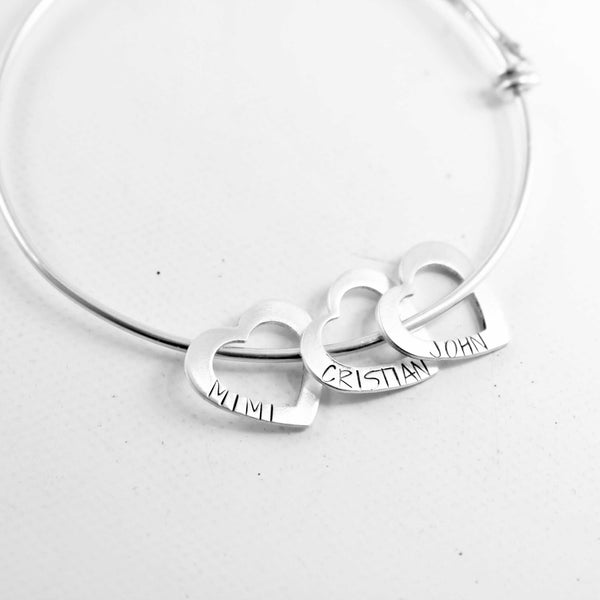 Heart Expandable Bangle Bracelet - Up to 4 hearts with names or dates - Bracelet - Completely Hammered - Completely Wired